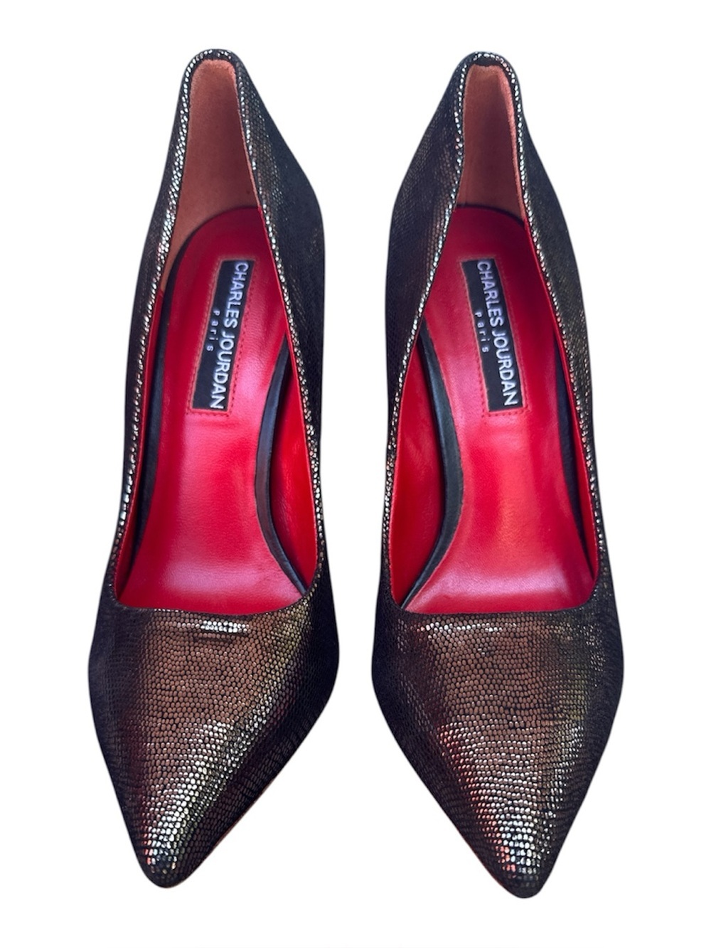 NWT Charles Jourdan Paris Metallic Bronze Reptile Pumps Heels Size 6M